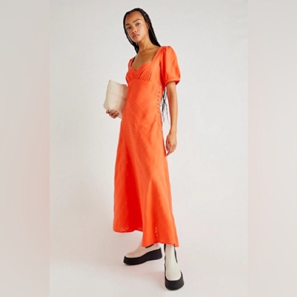 Free People Catch The Light Midi Bohemian Puff Sleeve Dress Red Orange Cotton S